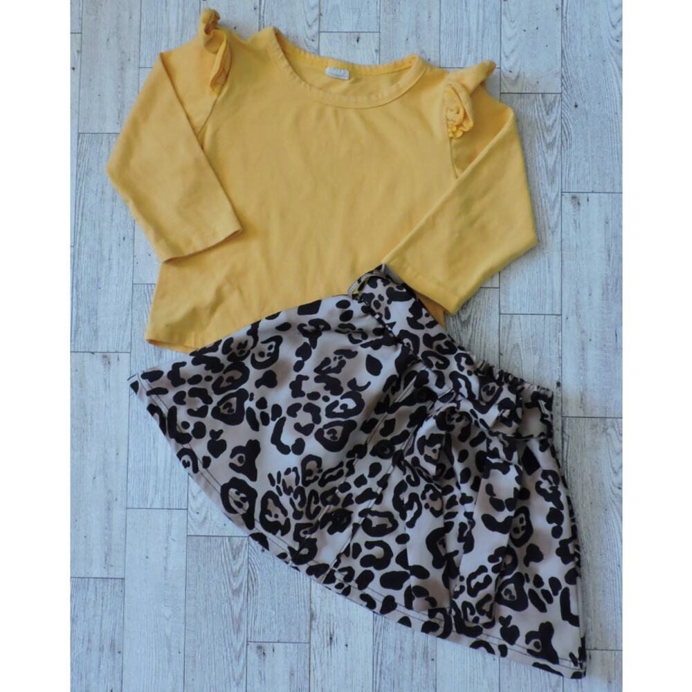 Elegant Girls 2pc Solid Yellow Long Sleeve Pullover + Leopard Print Skirt